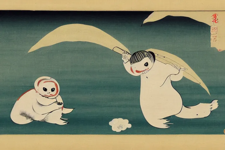 Image similar to baby harp seal as Yōkai, Japanese painting, 1800