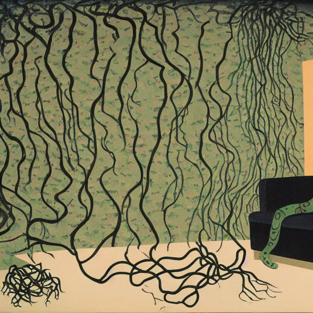 Image similar to a pathology student in her apartment, wrapped in vines, large stones, octopus, black walls, ikebana, black armchair, puddles, moss, acrylic on canvas, surrealist, by magritte and monet