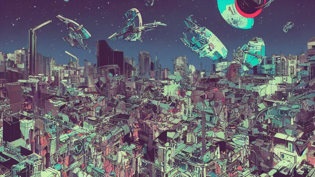 Prompt: colourful prophet graphic novel, ilya kuvshinov, mcbess, rutkowski, simon roy, roset, kuvshinov, illustration of decrepit cyberpunk arcologies in dystopian megalopolis ruins with spaceship debris floating in space, wide shot, high contrast colors, very anime!!! anime!! intricate details, deep shadows, astrophotography