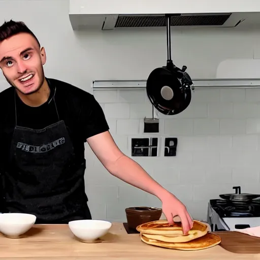 Prompt: the french youtuber squeezie making pancakes