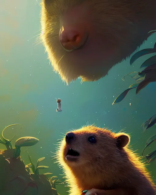 Image similar to highly detailed surreal vfx portrait of a joyful quokka, stephen bliss, unreal engine, greg rutkowski, loish, rhads, beeple, makoto shinkai and lois van baarle, ilya kuvshinov, rossdraws, tom bagshaw, alphonse mucha, global illumination, detailed and intricate environment