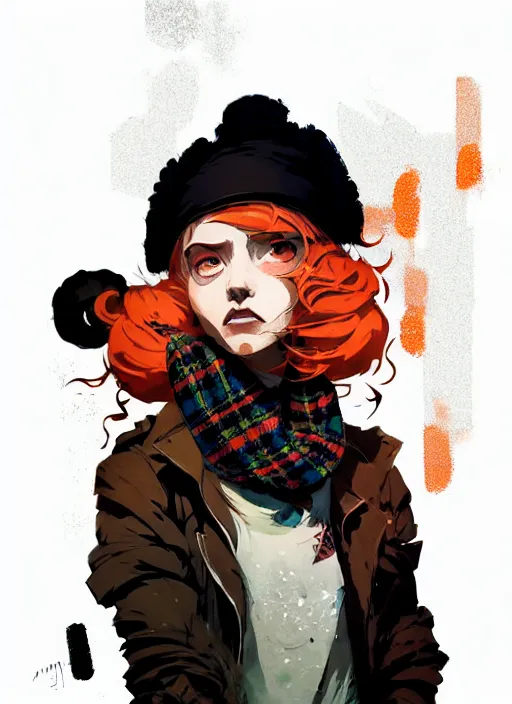 Image similar to highly detailed portrait of a sewer punk lady student, beanie, tartan scarf, curly blonde hair by atey ghailan, by greg rutkowski, by greg tocchini, by james gilleard, by joe fenton, by kaethe butcher, gradient, orange, black, brown and cream color scheme, grunge aesthetic!!! white graffiti tag wall background