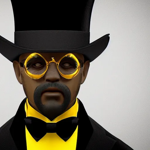 Image similar to a highly detailed portrait of a man in a high top hat covering his face, in a black tailcoat with a yellow waistcoat under the tailcoat, artstation, deviantart, professional, unreal engine 5, photorealistic