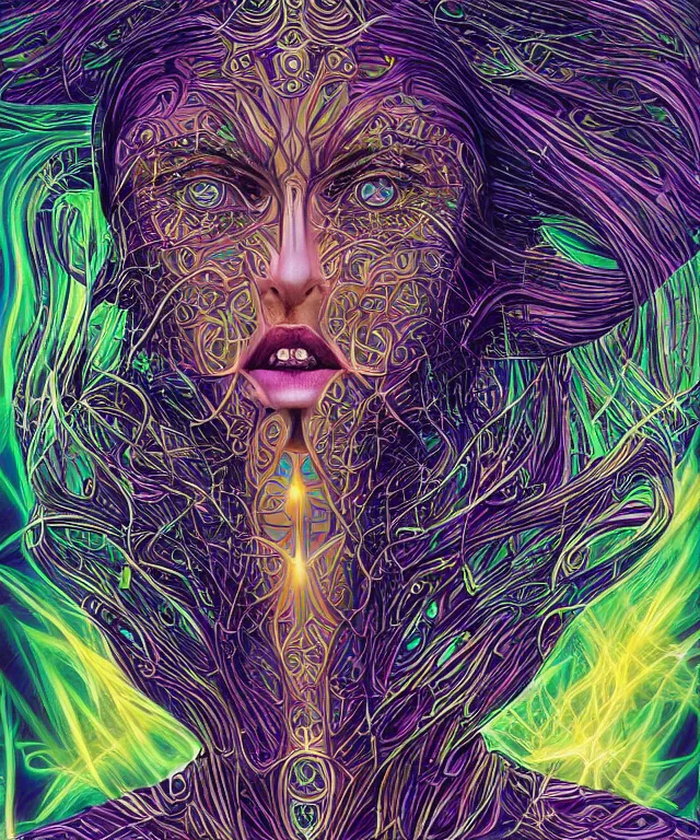 Prompt: A epic illustration of beautiful woman energetic symmetrical portrait by Michael Sydney Moore, Alex Grey, hyper detailed, 50mm, award winning photography