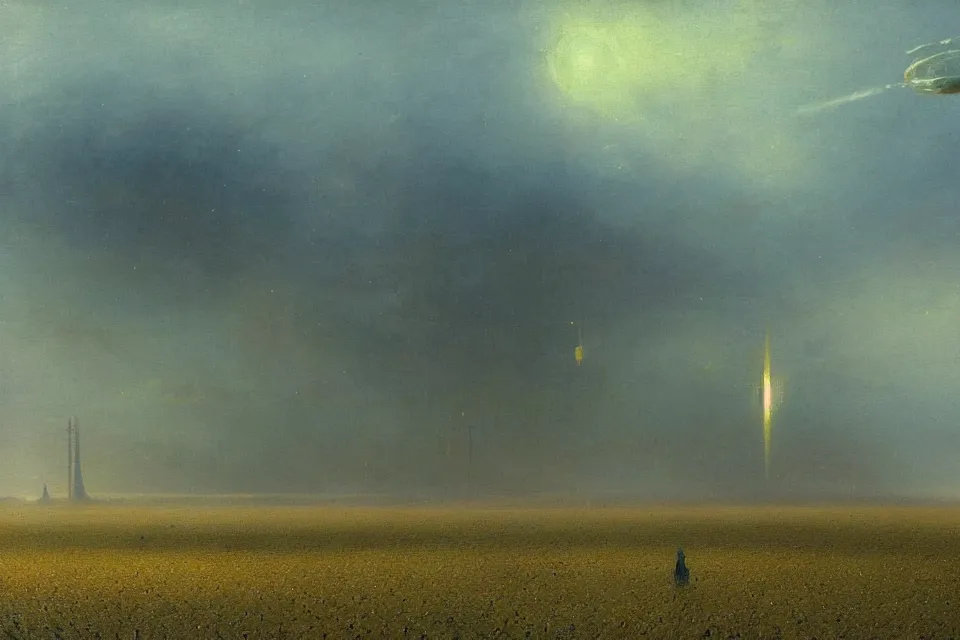 Image similar to sci-fi painting of a large alien city on the vast wheat fields, the closed back view of only one humanoid robot on the ground, by Ivan Aivazovsky, godrays, detailed