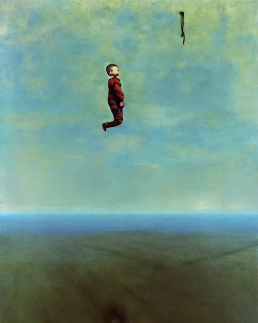 Image similar to early color photo of a scared boy flying in sky, Beksinski painting, part by Adrian Ghenie and Gerhard Richter