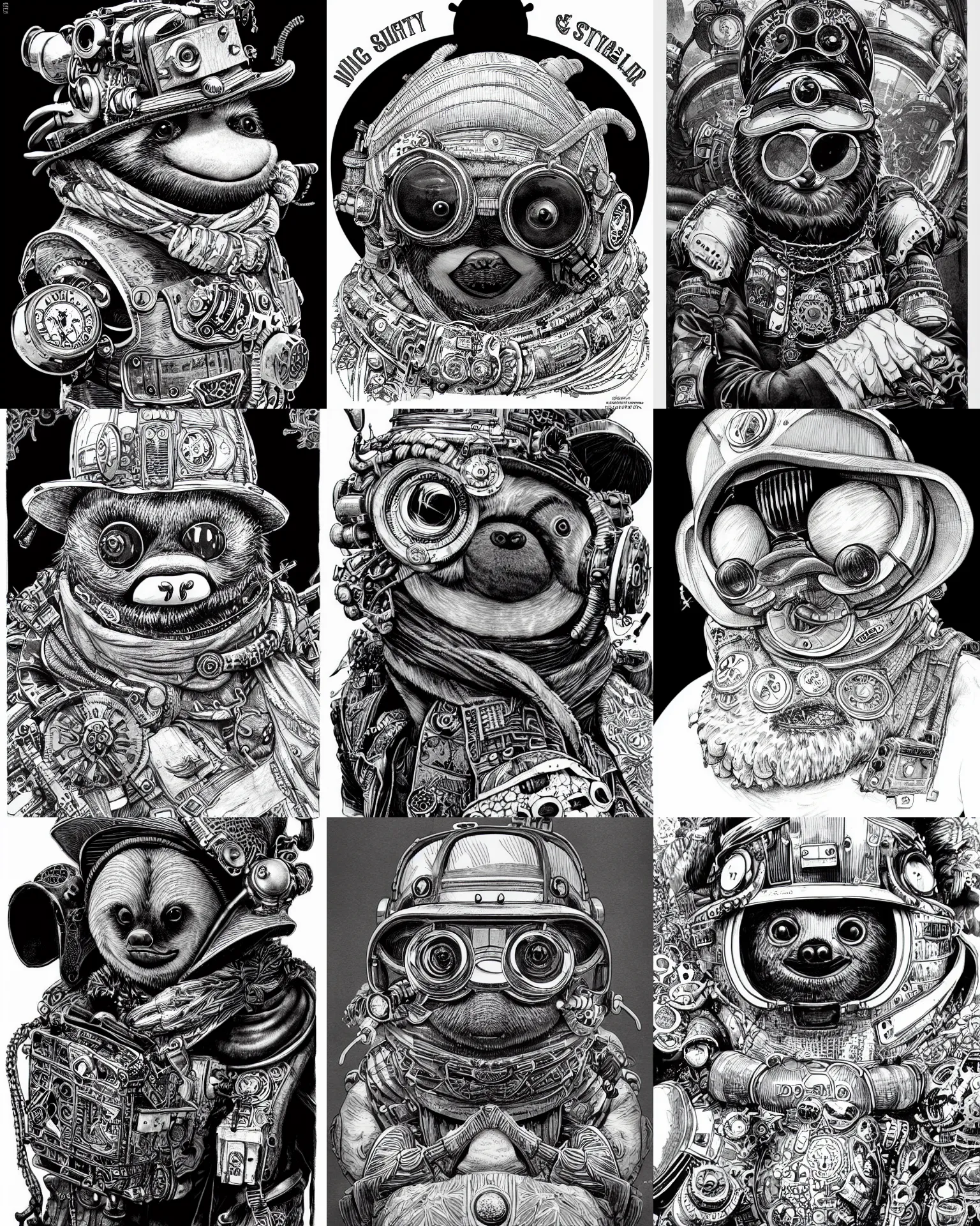 Prompt: highly detailed ink illustration full shot portrait of a steampunk sloth wearing a helmet and a scarf, b & w clean shaped illustration by kim jung gi, ric estrada, ron english and eiichiro oda