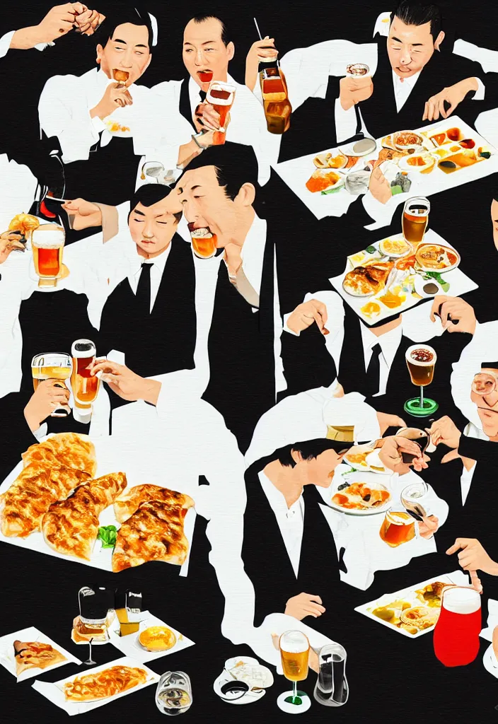 Image similar to businessmen eating gyoza and drinking beer at a nighttime izakaya in shinbashi tokyo, japan, a collage painting, in the style of wes anderson, lola dupre, david hockney, isolated on negative white space background dark monochrome fluorescent neon spraypaint accents volumetric octane render