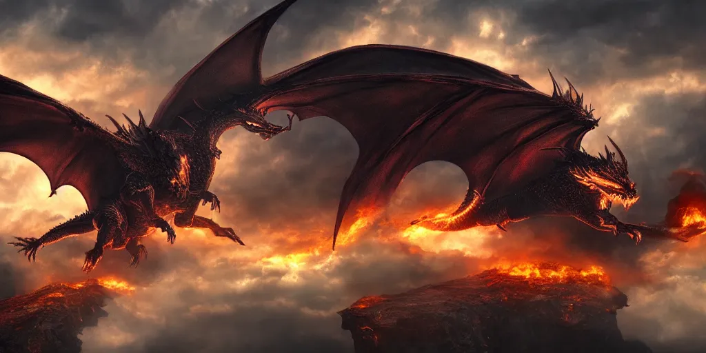 Image similar to the entry into Valhalla fire breathing dragon, cinematic, 4k ,35mm, photorealism, clouds, painting