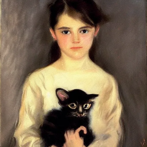 Prompt: “ dark haired girl holding a kitten, very detailed, oil painting, portrait, dark background, by john singer sargent ”