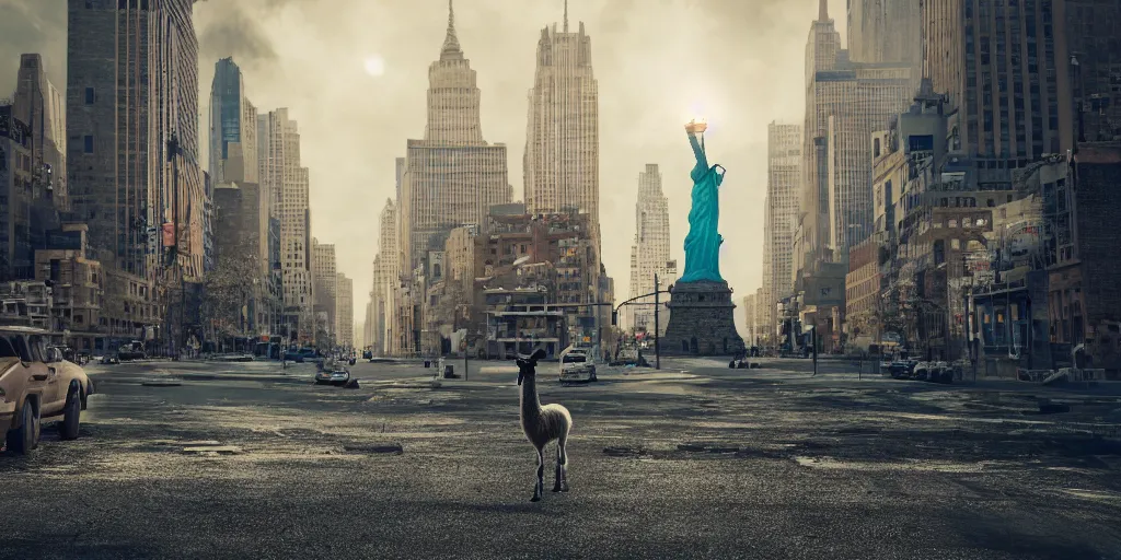 Image similar to a llama walking through a desolate manhattan city street at night, statue of liberty seen in the background, realistic 4 k octane beautifully detailed render, 4 k post - processing, highly detailed, detailed face, intricate complexity, epic composition, magical atmosphere, cinematic lighting, masterpiece, ultra hd