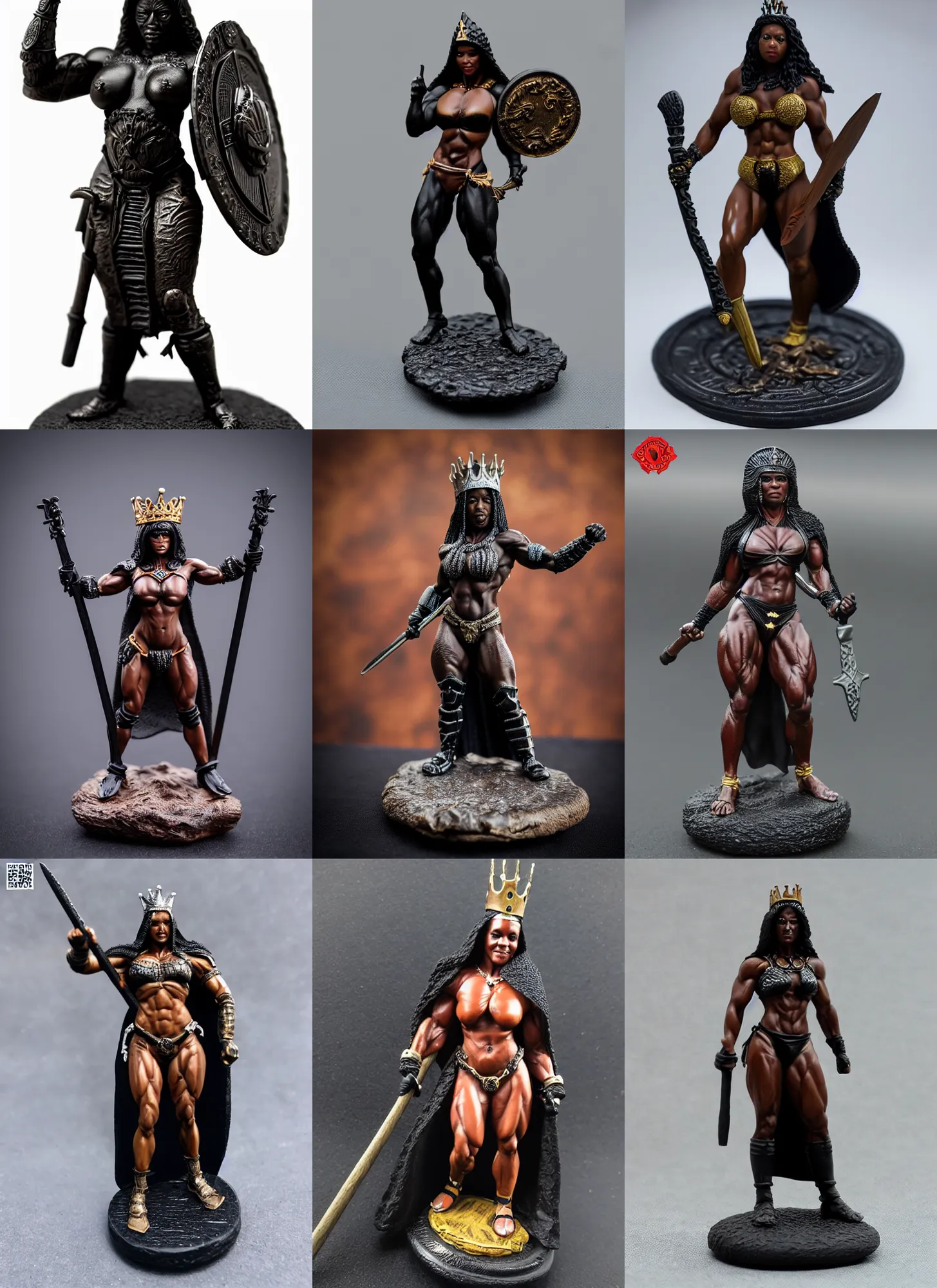 Prompt: 80mm resin detailed miniature of a Very Muscular Queen, black skin, long cloak, bikini-armor, iron crown, Skinhead, on textured disc base, Company logo in upper left corner; Miniature product Photo, 4K, Full body