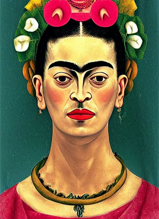 Image similar to portrait of young woman in renaissance dress and renaissance headdress, art by frida kahlo