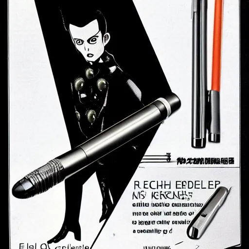 Prompt: a high quality product photo ad of klaus nomi with a technical reed rollerball pen exacto knife by junji ito, ethereal eel ( 1 9 8 1 )