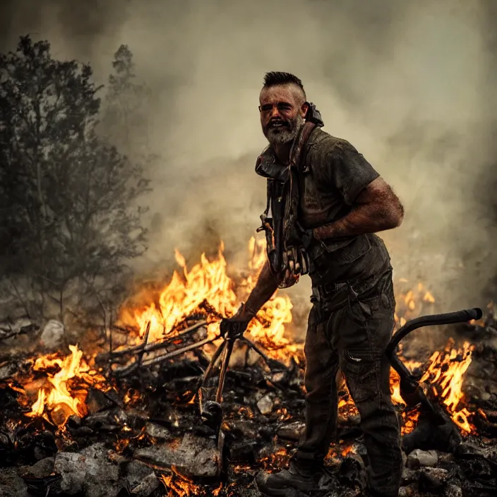 Prompt: gritty apocalyptic man smirking while dumping gas on a camp - fire, octane render, 4 k ultra hd, hyper - detailed, realistic, seedy lighting, sharp focus, fantasy dark art