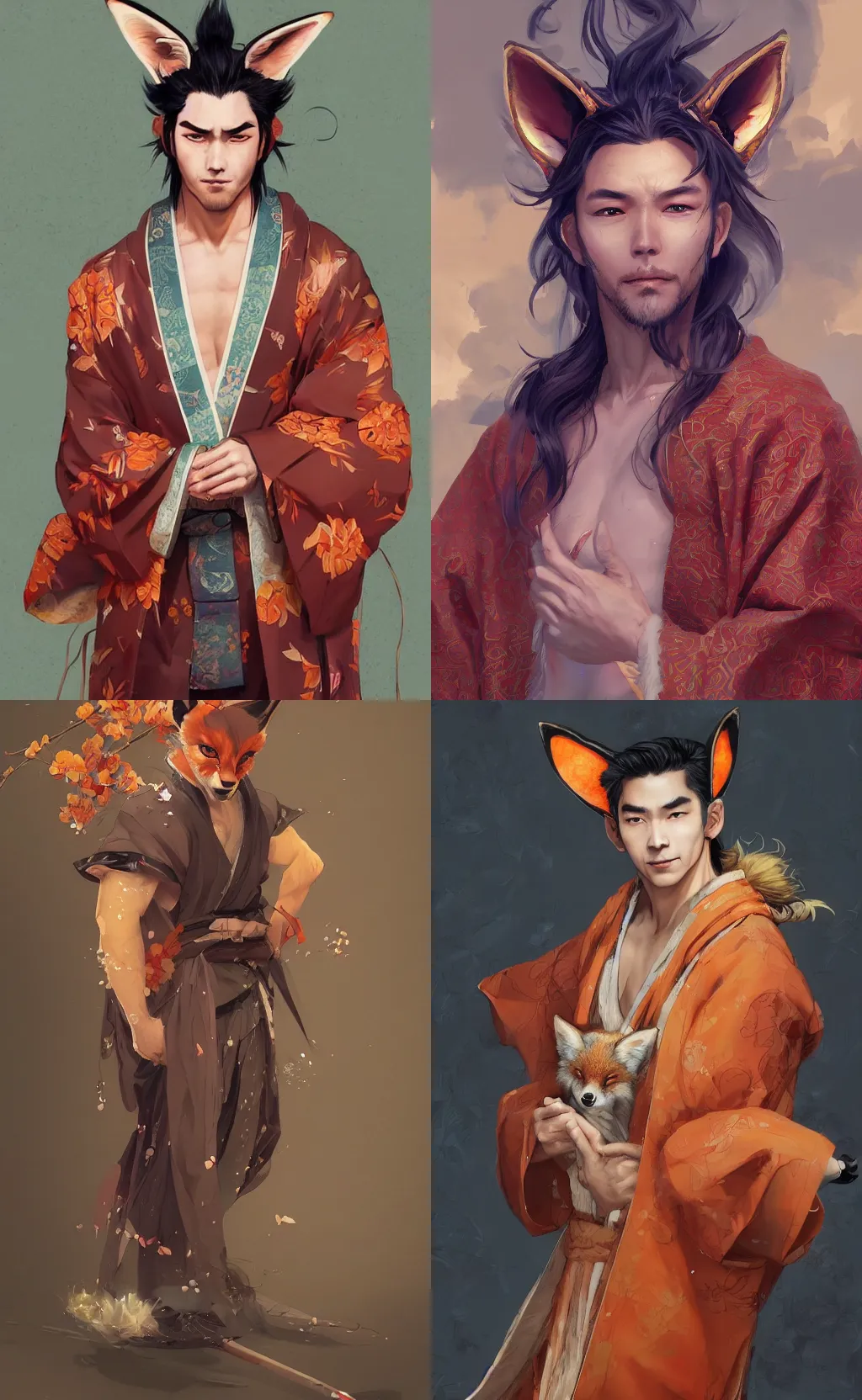 Prompt: An beautiful digital painting of a man with fox ears and nine tails wearing a kimono, by Stanley Artgerm Lau, WLOP, Rossdraws, James Jean, Andrei Riabovitchev, Marc Simonetti, and Sakimichan, tranding on artstation, SFW version