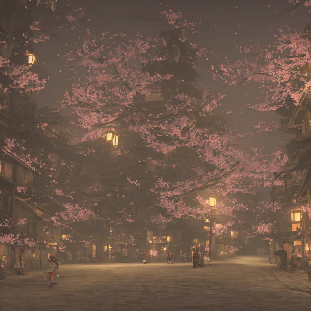 Image similar to Japanese street at night, cherry blossom petals, highly detailed, 3D render, digital art, artstation, 8K photography, matte photo-realistic, by Hayao Ghibli Miyazaki, breath of the wild style