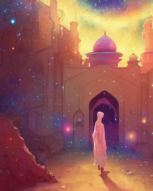 Prompt: bedouin in galaxy walking towards mosque surrounded by nebula, highly detailed, gold filigree, romantic storybook fantasy, soft cinematic lighting, award, disney concept art watercolor illustration by mandy jurgens and alphonse mucha and alena aenami, pastel color palette, featured on artstation