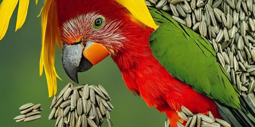 Image similar to an angry red winged parrot sitting in a tree, surrounded by sunflower seeds, high detail, national geographic photorealistic