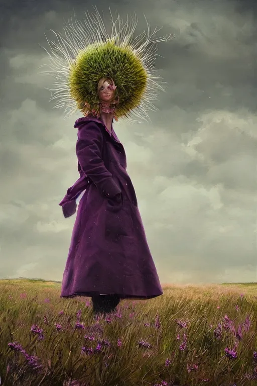 Image similar to portrait, enormous thistle flower head, a girl wearing coat in field, surreal photography, wind and cold, dramatic sky, impressionist painting, digital painting, artstation, simon stalenhag