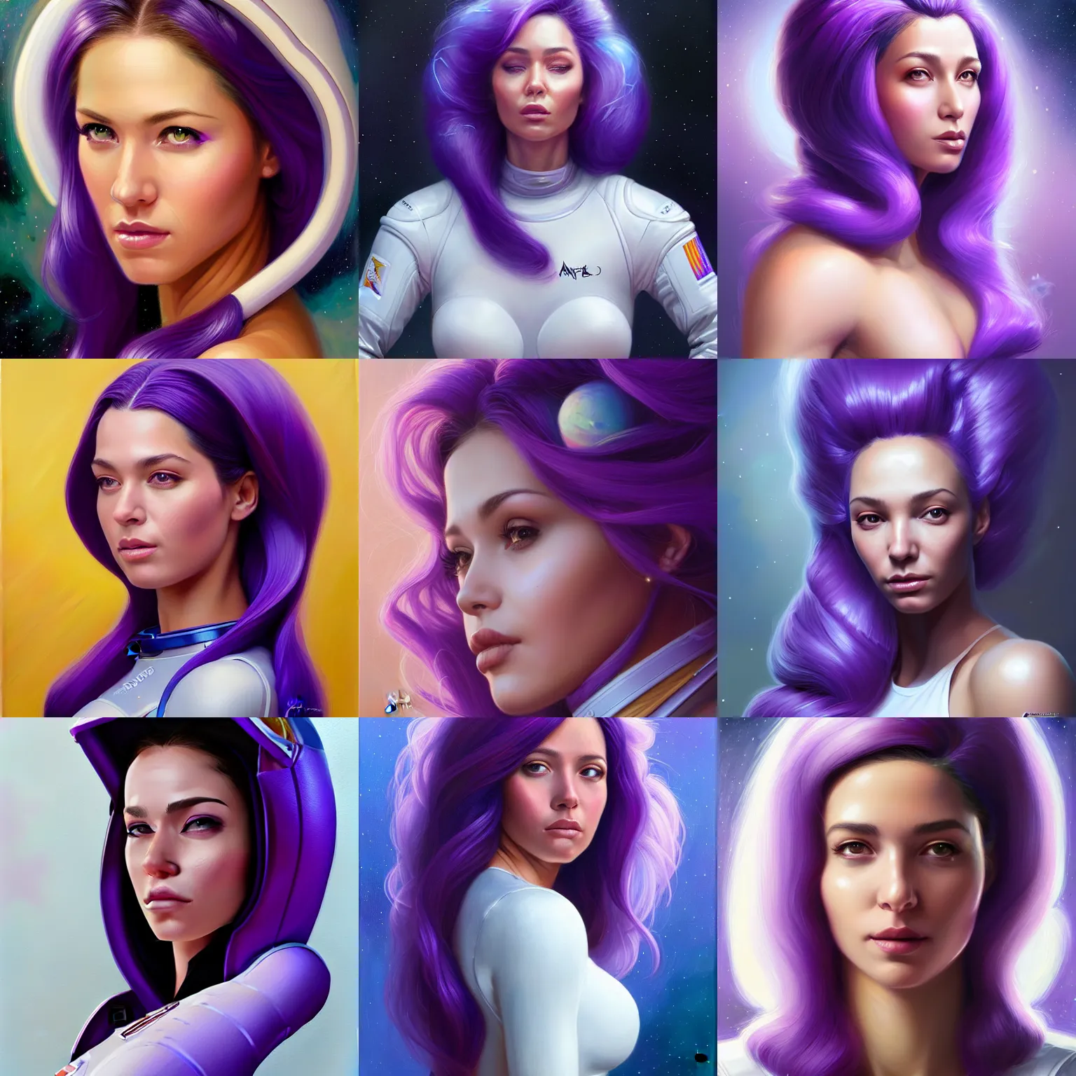 Prompt: a portrait of a very beautiful woman in a spacesuit, Alexandria\'s genesis, chin-length purple hair, bored, illustration, soft lighting, soft details, painting oil on canvas by mark arian by artgerm, trending on artstation, 4k, 8k, HD