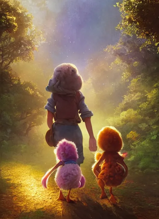 Image similar to a hen and her two chicks walking over a rainbow movie by nuri iyem, james gurney, james jean, greg rutkowski, anato finnstark. pixar. hyper detailed, 5 0 mm, award winning photography, perfect faces