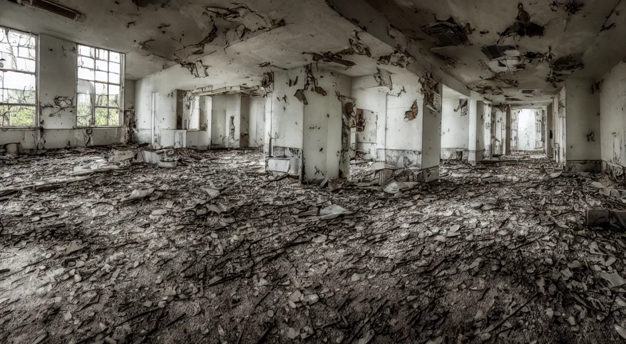 Prompt: photograph of the inside of a rotting abandoned hospital with a checkered floor and no windows, horror movie set