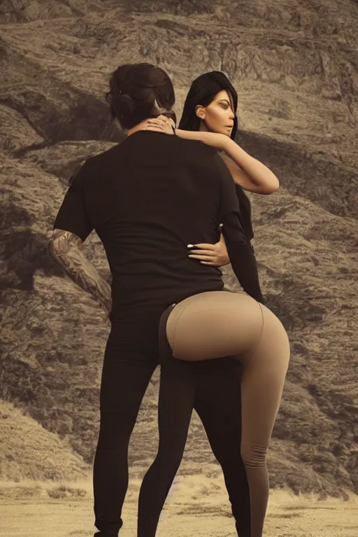 Image similar to johnny cash hugging kim kardashian, centered full body rear-shot, pov from rear, kim wearing skintight grey sportswear, real photo, photoshooting, studio light, Irish mountains background, intricate, epic lighting, cinematic composition, hyper realistic, 8k resolution, unreal engine 5