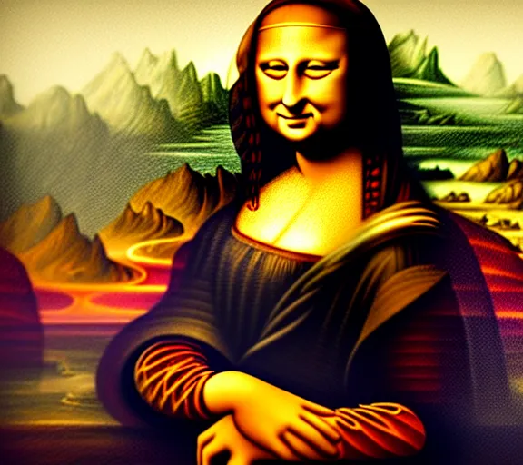 Image similar to A portrait of mona lisa holding a giant pipe, smoke, 8k, hyper-detailed, cinematic