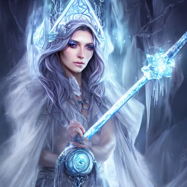 Image similar to beautiful elemental ice witch with ornate robes and staff, highly detailed, 4 k, hdr, smooth, sharp focus, high resolution, award - winning photo, artgerm, photorealistic