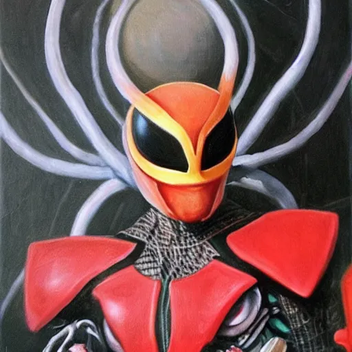 Image similar to a realistic painting by Raffaello Sanzi depicting the Kamen Rider Ichigo with the head of the symbiotic Venom in the Renaissance.