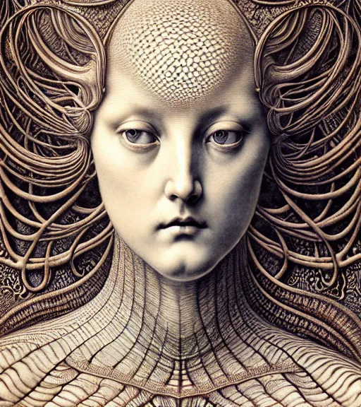 Prompt: detailed realistic beautiful porcelain goddess face portrait by jean delville, gustave dore, iris van herpen and marco mazzoni, art forms of nature by ernst haeckel, art nouveau, symbolist, visionary, gothic, neo - gothic, pre - raphaelite, fractal lace, intricate alien botanicals, biodiversity, surreality, hyperdetailed ultrasharp octane render