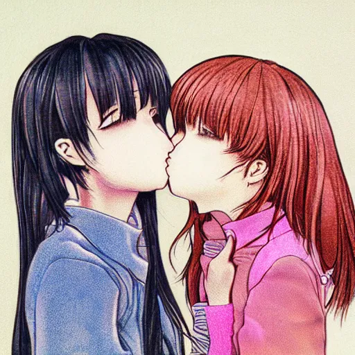 Image similar to portrait of two girls kissing, detailed manga art