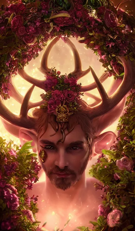 Prompt: portrait, cernunnos, celtic antlered god, glow, flowers, stars, rule of thirds, very detailed, cinematic, octane render, very ornate, 4k, by artgerm