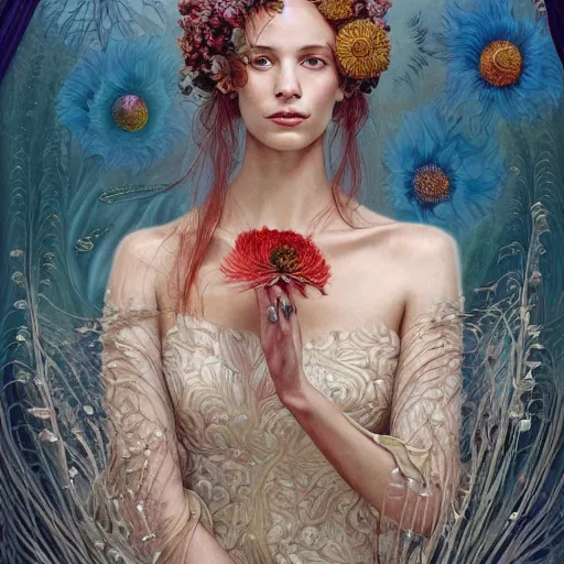 Image similar to facial portrait of a young pretty woman in flowing dress, arrogant, mysterious, long fine flowing hair, delicate, looking at camera, slightly awkward smile, realistic face, hands behind back, intricate, stylish, elegant, grimdark fantasy, flowers, extremely detailed painting by Martine Johanna and Ernst Haeckel and Greg Rutkowski