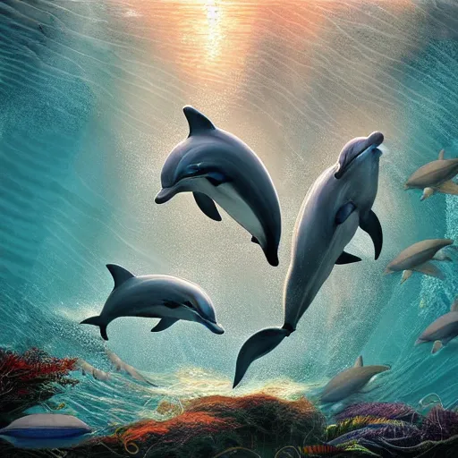 Prompt: Dolphins Swimming Through an Ancient Underwater Temple, Digital Art, Trending on Artstation, Atmospheric