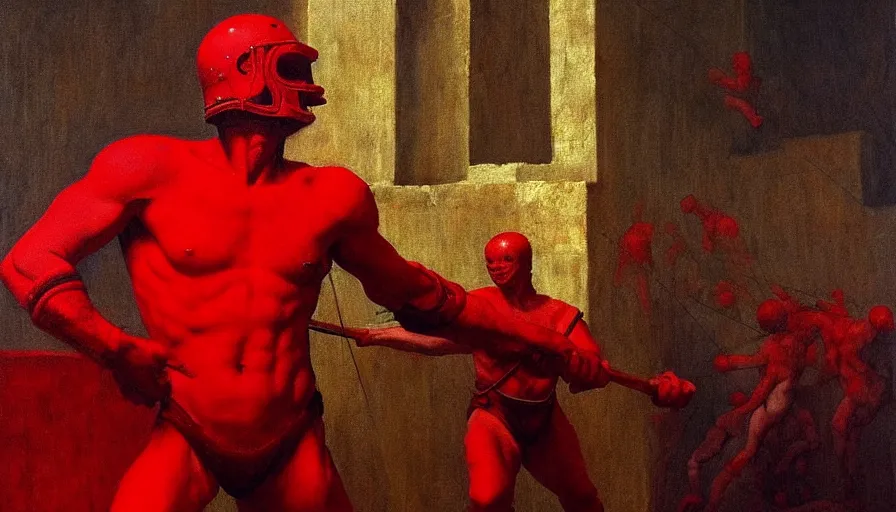 Image similar to only with red, a red gladiator in a crowded roman amphitheatre, crowd cheers him, in the style of beksinski, parts by edward hopper, parts by rodcenko, parts by yue minjun, intricate and epic composition, red by caravaggio, insane quality, highly detailed, masterpiece, red light, artstation