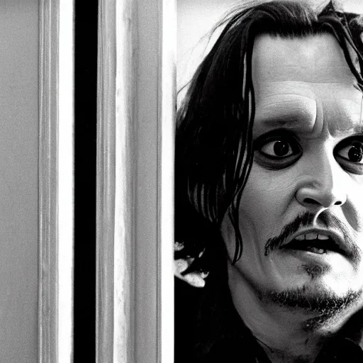 Image similar to Johnny Depp as Jack Torrance in Shining looking through the hole in the broken door