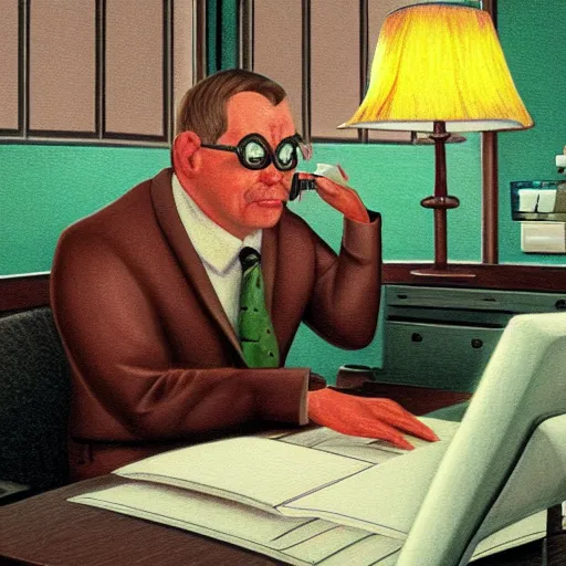 Prompt: a detailed pastel painting of a man sized bug insect wearing a business suit and working behind the computer in the office. digital art, trending on artstation, 8k, hyper realistic in the style of Grant Wood-n8