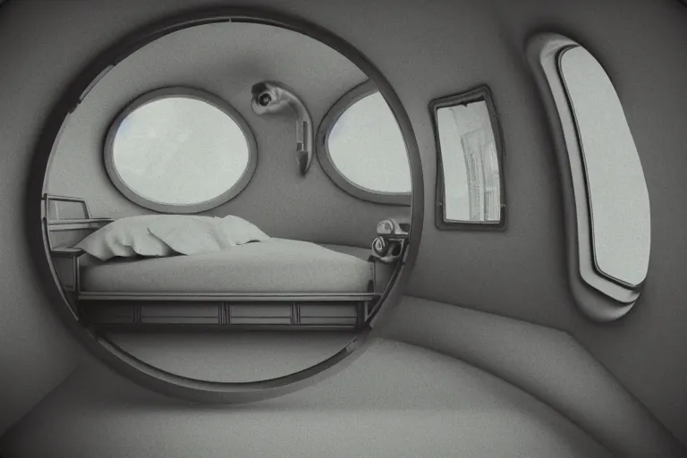 Prompt: small square shaped bedroom quarters inside rocket ship with gray metallic factory engine walls and floor with a small round glass window looking into space, details, sharp focus, intricate, high definition, movie set, retro stylised, 1970s, 1980s, sci-fi, 3D, realistic photograph, lucasfilm