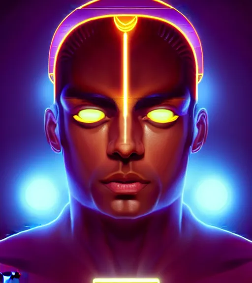 Image similar to symmetry!! egyptian god of technology, solid cube of light, hard edges, product render retro - futuristic poster scifi, lasers and neon circuits, brown skin handsome egyptian god, intricate, elegant, highly detailed, digital painting, artstation, concept art, smooth, sharp focus, illustration, dreamlike, art by artgerm