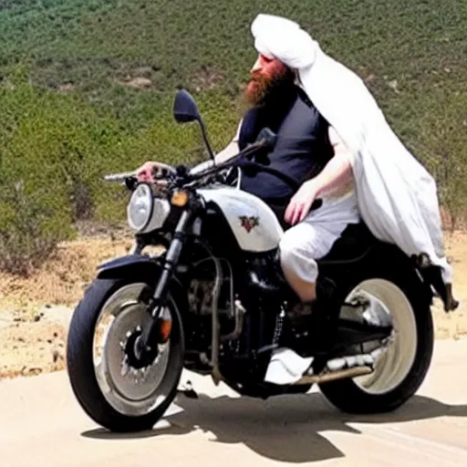 Prompt: elon musk wearing a long beard joining the taliban while riding a motorcycle