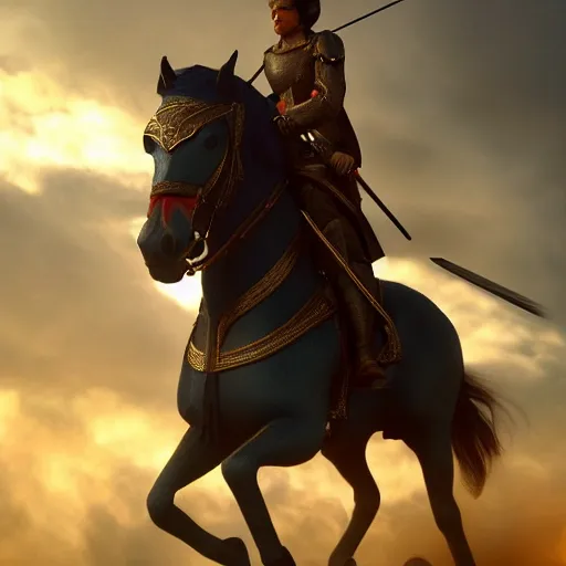 Prompt: Joan of Arc on a horse commanding an French army, octane render, dramatic lighting, hyperrealistic, high detailed, cinematic, artstation