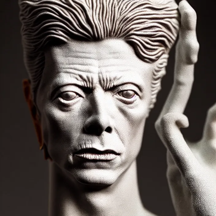 Image similar to David Bowie , A Close up photo-real delicate ceramic porcelain sculpture of a symmetrical ornate detailed in front of an intricate background by Victo Ngai and takato yamamoto, micro detail, backlit lighting, face in focus, subsurface scattering, translucent, thin porcelain, octane renderer, colorful, physically based rendering, japanese pottery, trending on cgsociety