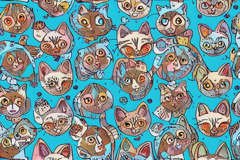 Image similar to beautiful art illustration of a group of happy cats by tony healey, highly detailed, seamless pattern, tiling