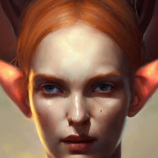 Image similar to A head-on, symmetrical, head and shoulders detailed oil portrait of an elf woman with small horns of copper wearing a simple white robe, by greg rutkowski, trending on artstation, dungeon and dragons art