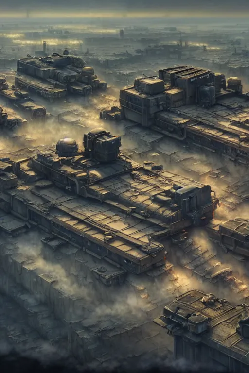 Image similar to a highly detailed matte painting of a post - apocalyptic dieselpunk military base aerial view, by studio ghibli, makoto shinkai, by artgerm, by wlop, by greg rutkowski, volumetric lighting, octane render, 4 k resolution, trending on artstation, masterpiece