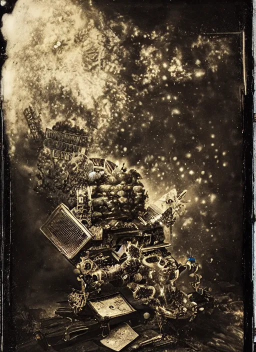 Prompt: old wetplate daguerreotype portrait of the birth of a super villain, explosion of data fragments, fractal, intricate, elegant, highly detailed, parallax, leica, medium format, subsurface scattering, by jheronimus bosch and greg rutkowski and louis jacques mande daguerre