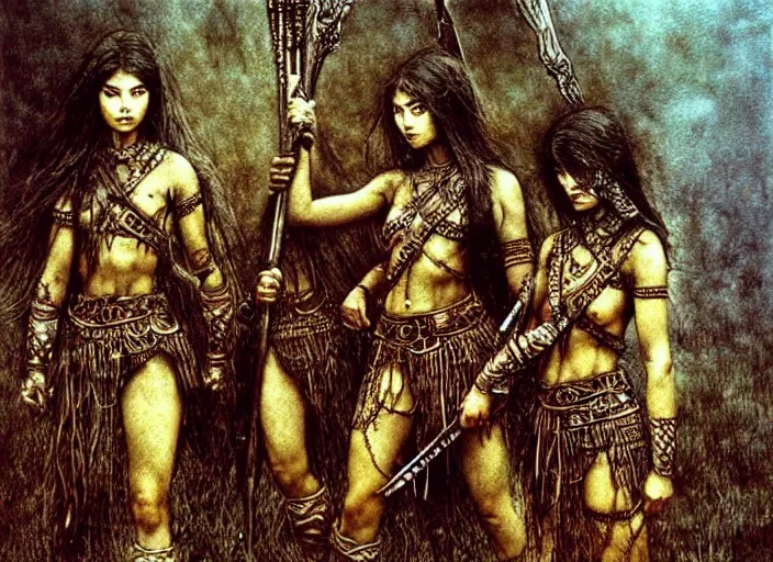 Image similar to young muscular turkic female warriors in tribal painting by Beksinski, Luis Royo, Arthur Rackham