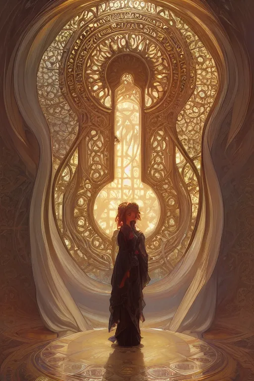 Image similar to painting of a shy noon in front of a dimensional portal, decorated, intricate, elegant, highly detailed, digital painting, artstation, concept art, smooth, sharp focus, illustration, art by artgerm and greg rutkowski and alphonse mucha, 8 k